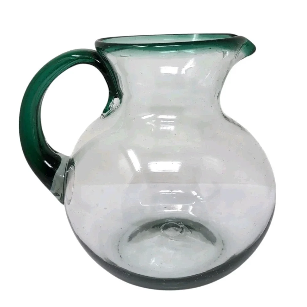 Mexican Hand Blown Glass Margarita Pitcher Vase Clear/Emerald Green Rim & Handle